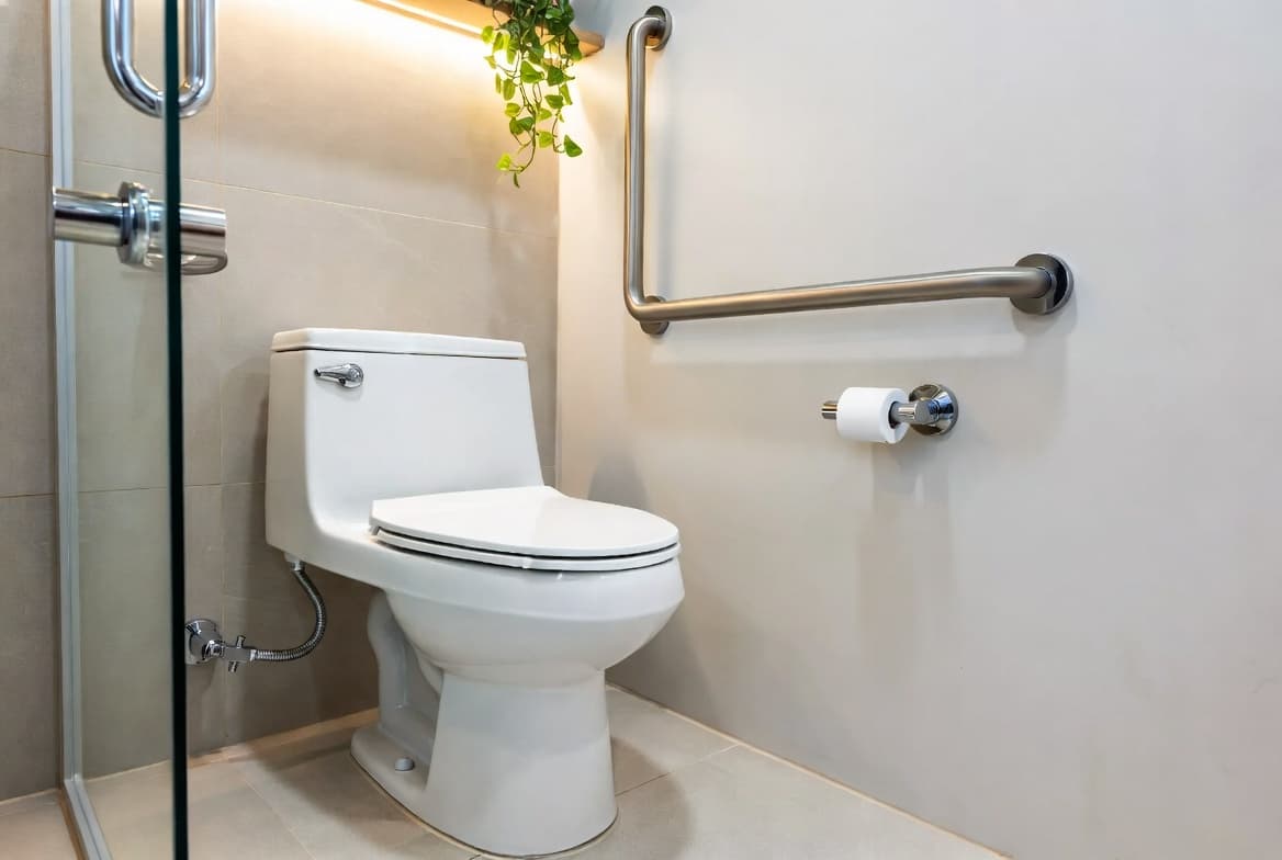 A comfort-height toilet with grab bars mounted on the adjacent wall in a modern residential bathroom