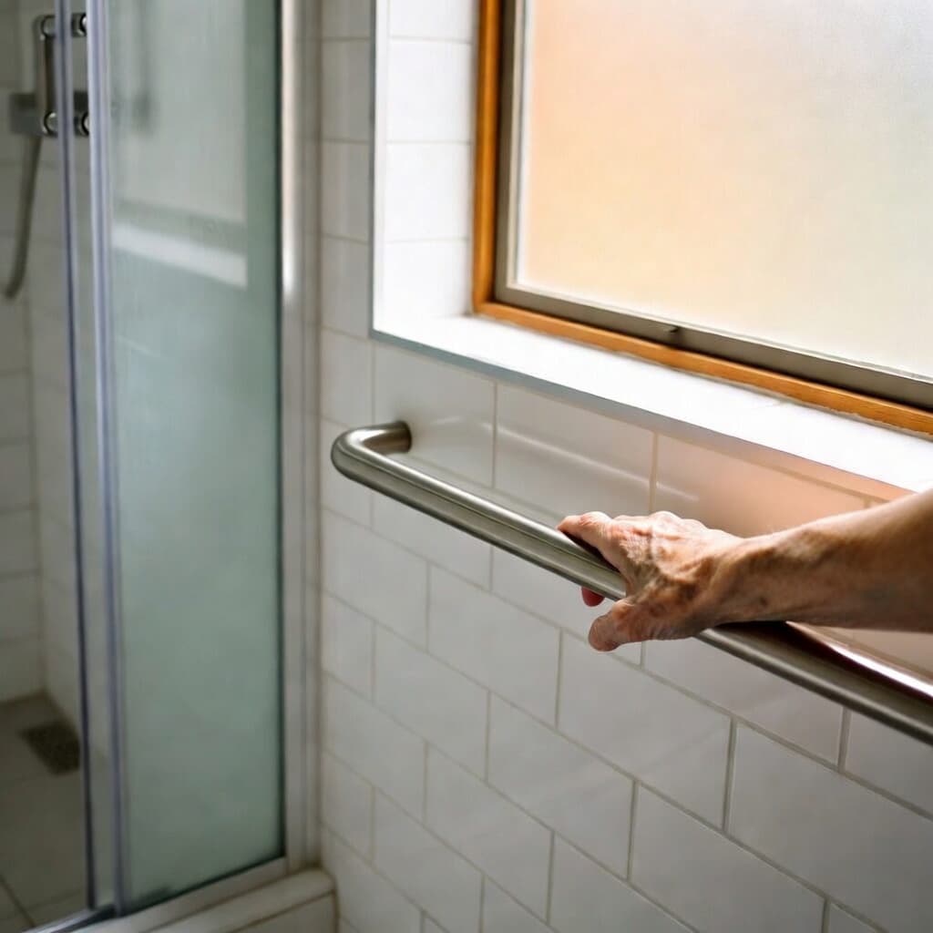A modern stainless steel grab bar mounted beside a shower in a bright, residential bathroom