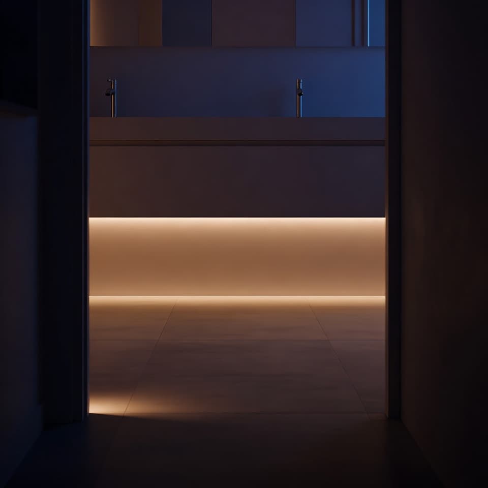 Warm LED strip lighting along the base of a bathroom vanity illuminating the floor at night