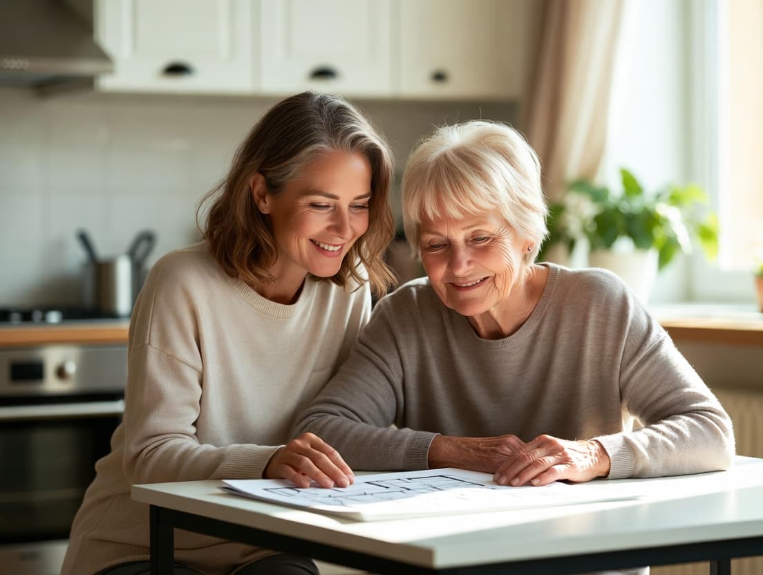 Daughter and mother reviewing home renovation plans together