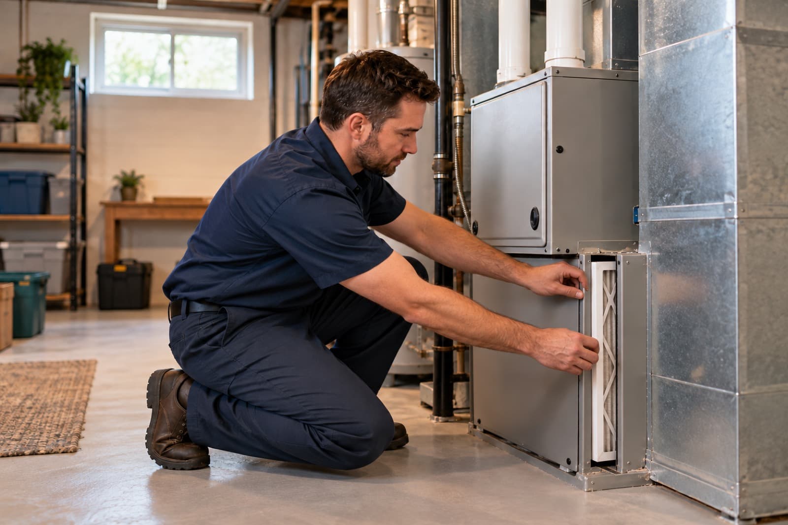 A technician replacing the furnace filter in a basement