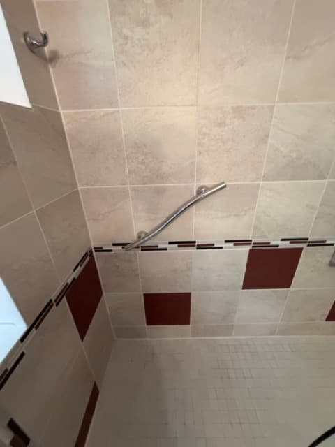 The curved grab bar seen from the shower entrance, above a tiled floor