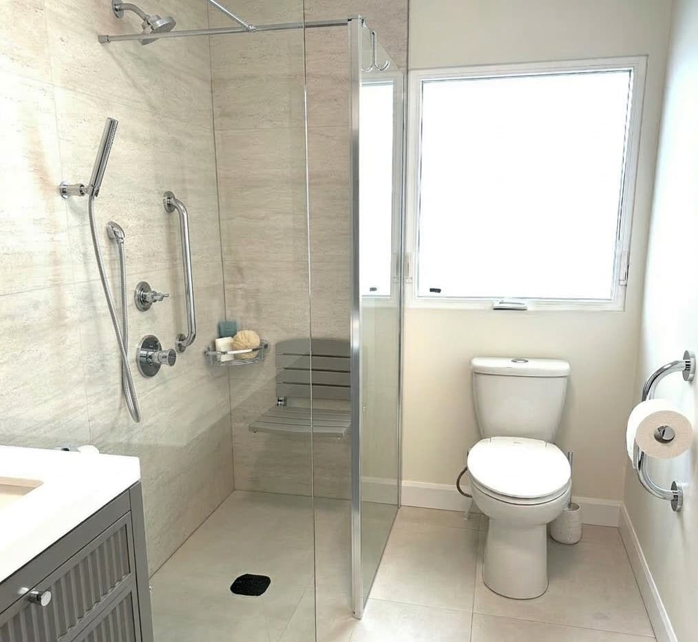A curbless shower with a vertical grab bar and a fold-down seat, and a grab bar beside the toilet
