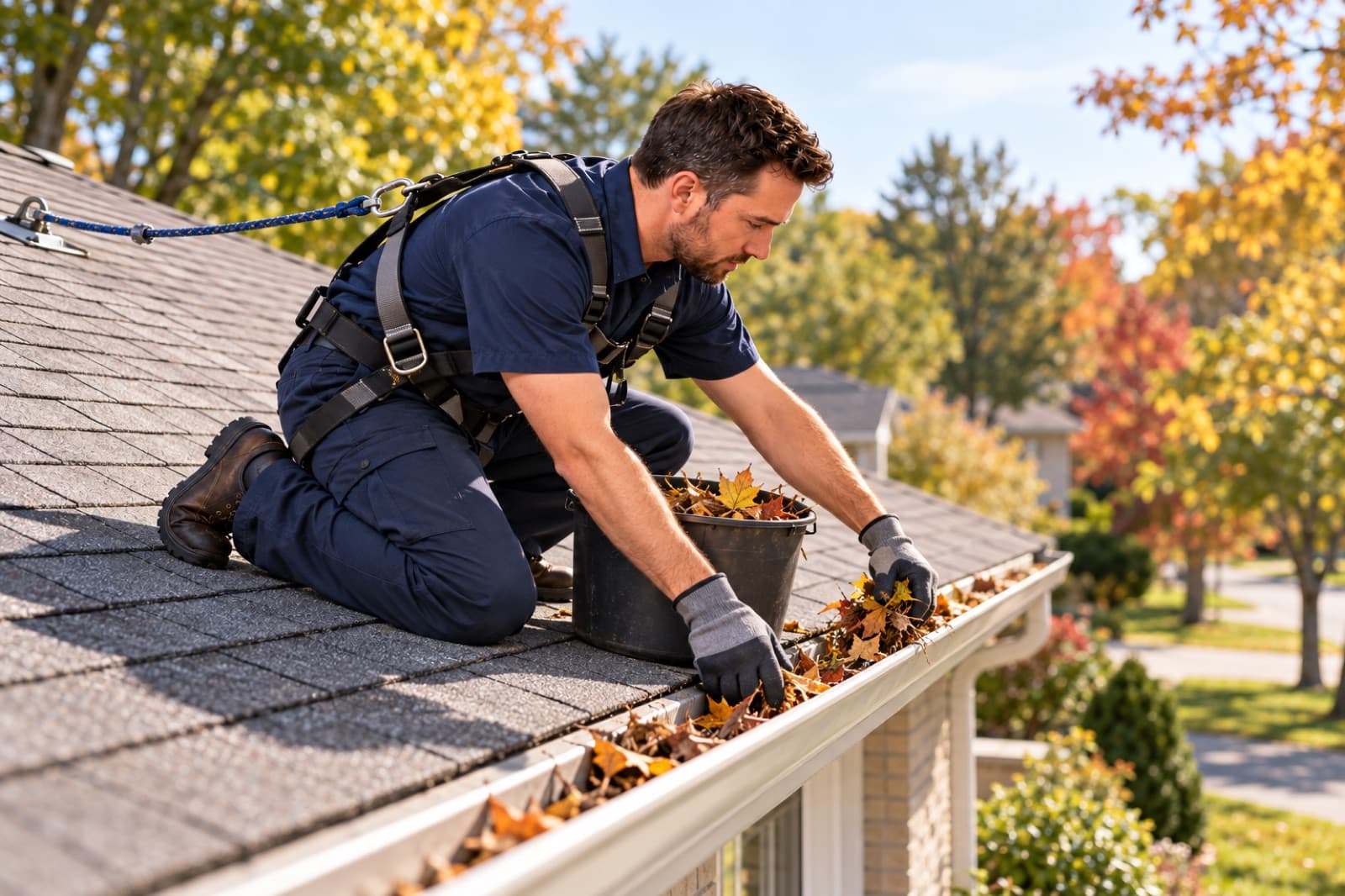 A technician in a safety harness clearing fall leaves from an eavestrough