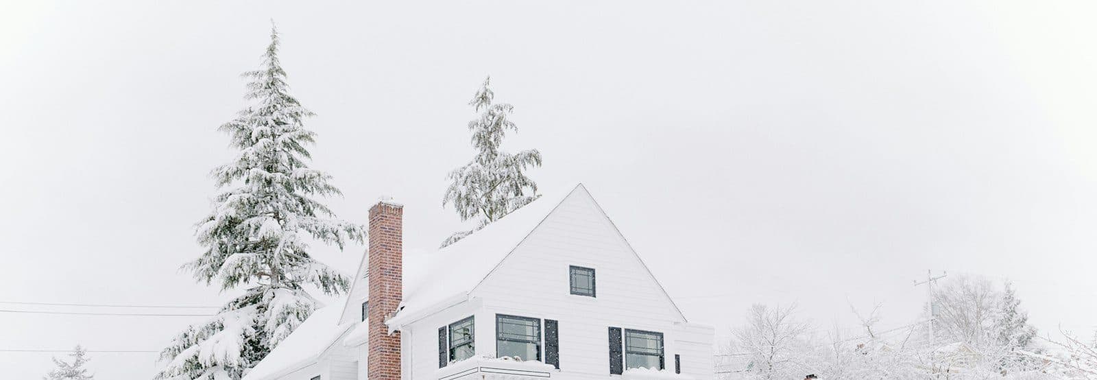 Snowy trees and the upper storey of a house in winter